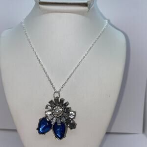 Silver-Tone Blue Clear Rhinestone Pendant Necklace